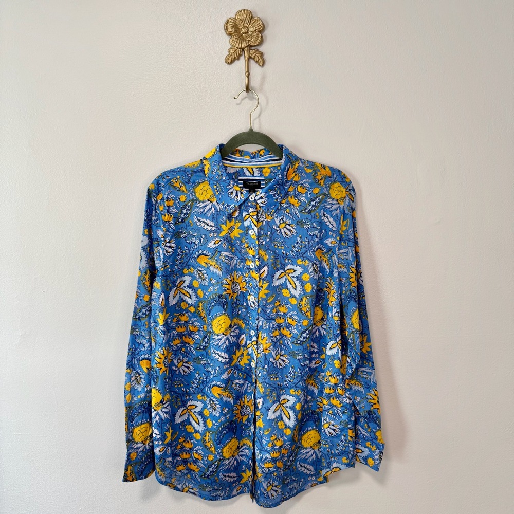 Blue Floral Long Sleeve Button Down Shirt Talbots 1X Plus Size Preppy Botanical